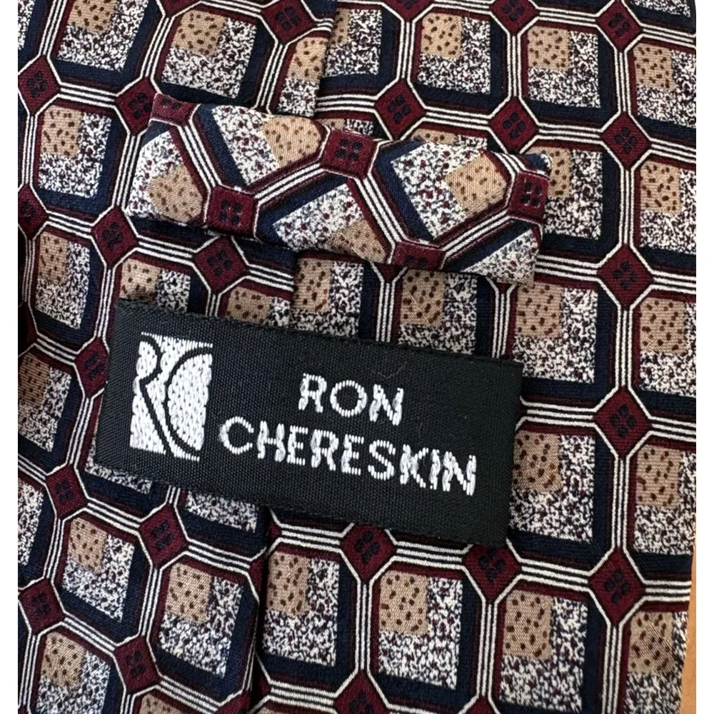 Ron Chereskin Silk Tie Handmade Korea Geometric 90s Burgundy Cream Beige 58.5